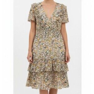 Donna Morgan NEW Floral Surplice Dress 14 Ruffle Short Sleeve V-Neck Midi Long